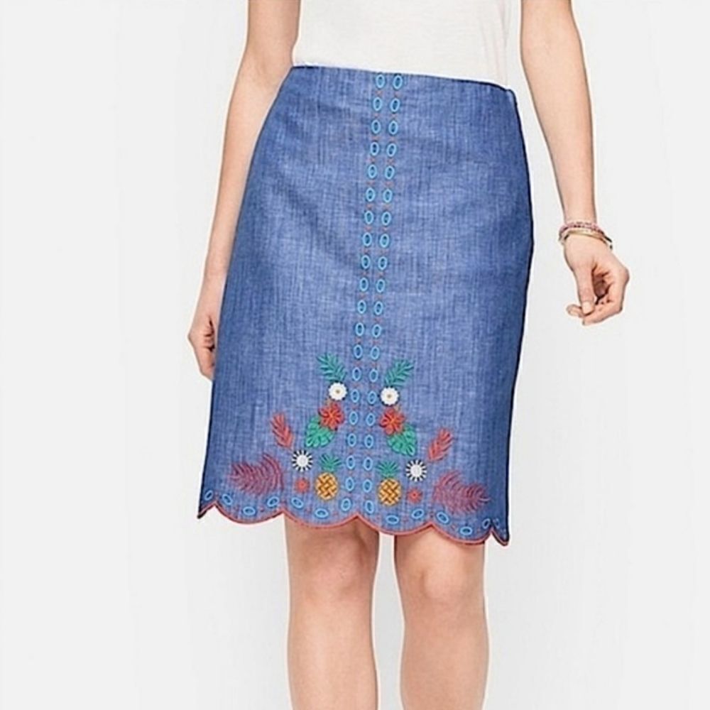 Talbots Embroidered Aline Skirt‎ Linen Cotton Blend, Scalloped Hem Size 8P